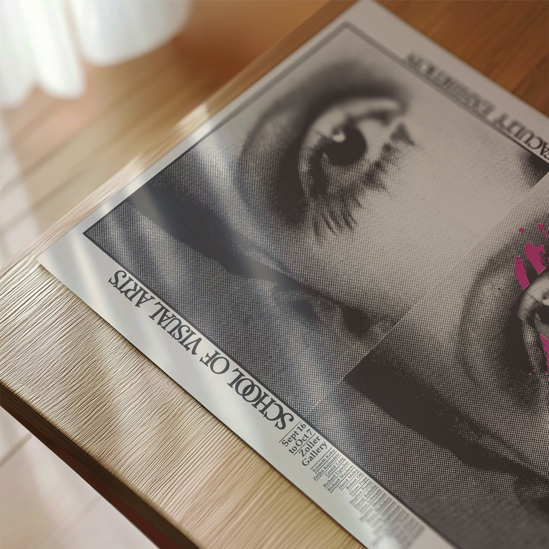 School of Visual Arts Faculty Exhibition Poster with black and white halftone eye and lips design in minimalist style art print.