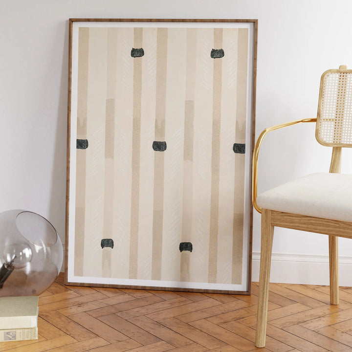 Shima Shima by Furia Korin Poster featuring minimalist vertical beige stripes with subtle black accents framed wall art.
