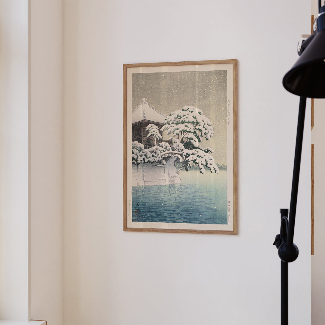 Snow at Godaido Temple in Matsushima by Hasui Kawase Poster