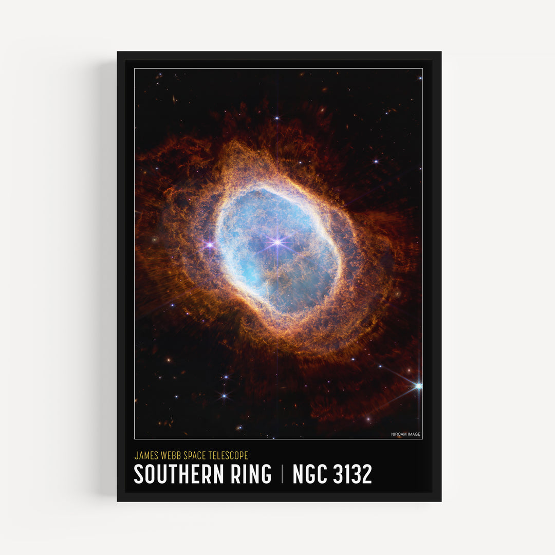 Southern Ring Nebula NGC 3132 poster printed from James Webb Space Telescope image, deep amber and blue tones
