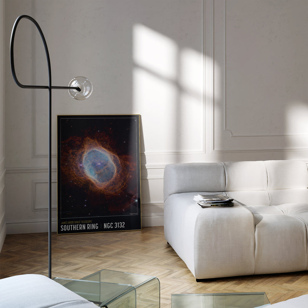 James Webb Telescope Southern Ring Nebula art print showing expanding gas clouds in orange and blue on white wall