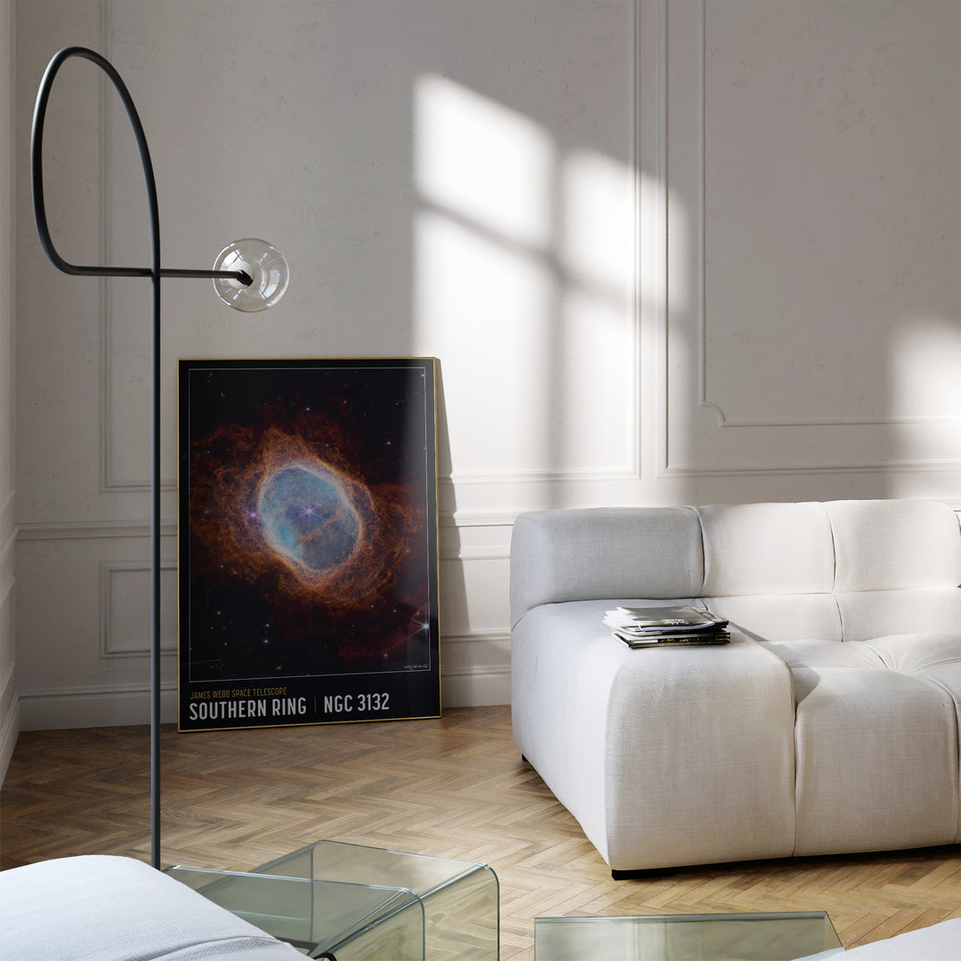 James Webb Telescope Southern Ring Nebula art print showing expanding gas clouds in orange and blue on white wall