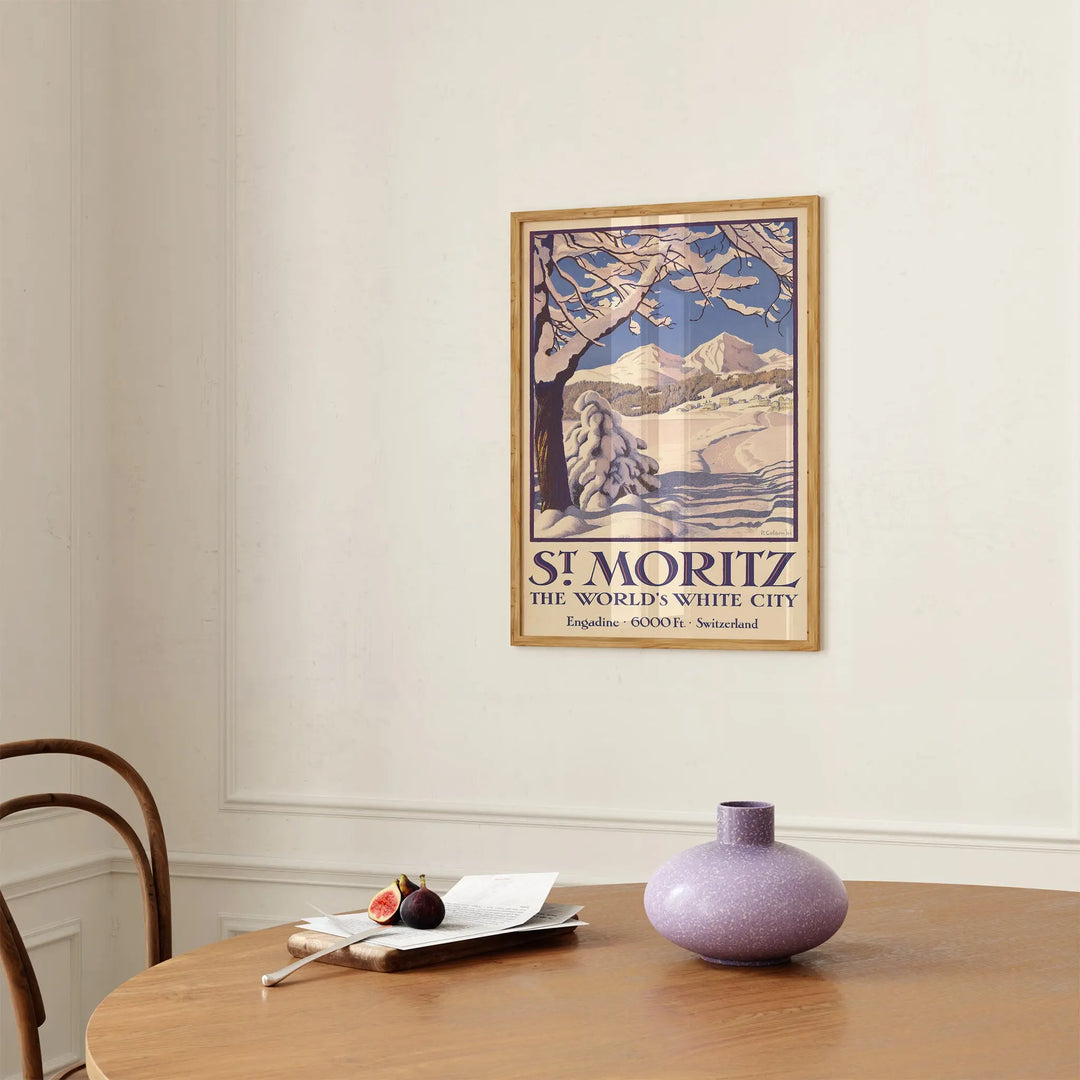 St. Moritz Vintage Poster vintage style art print in blue and beige tones, framed wall art depicting snowy mountain landscape
