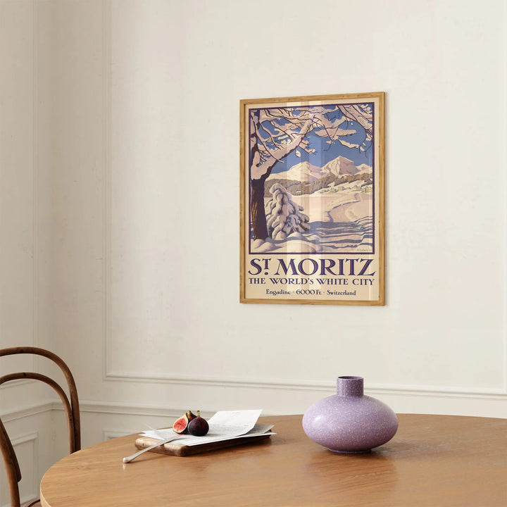 St. Moritz Vintage Poster vintage style art print in blue and beige tones, framed wall art depicting snowy mountain landscape