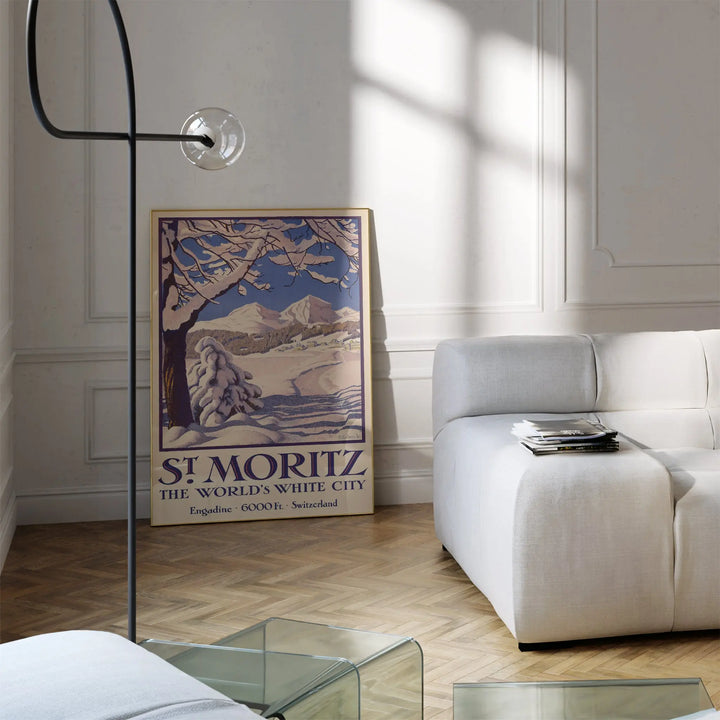 St. Moritz Vintage Poster framed print in vintage style with muted blue, beige, and brown winter mountain scene.