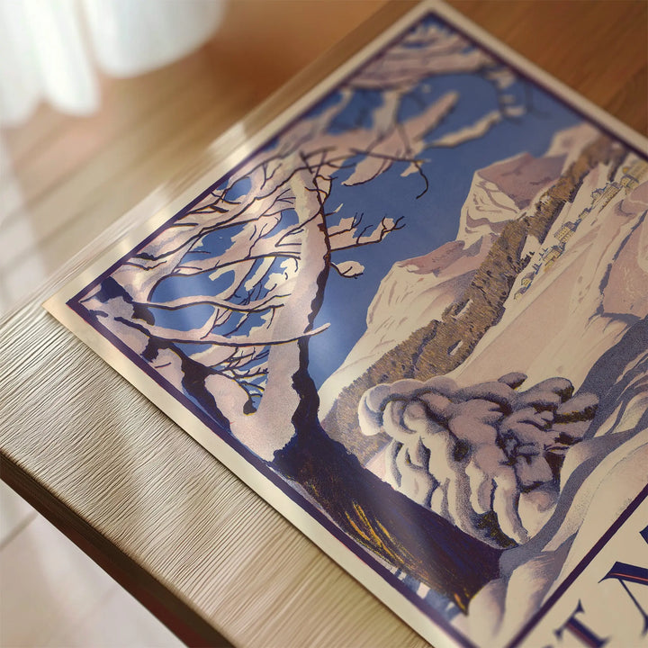 St. Moritz Vintage Poster featuring a snowy mountain scene in vintage style with blue, white, and brown tones wall art