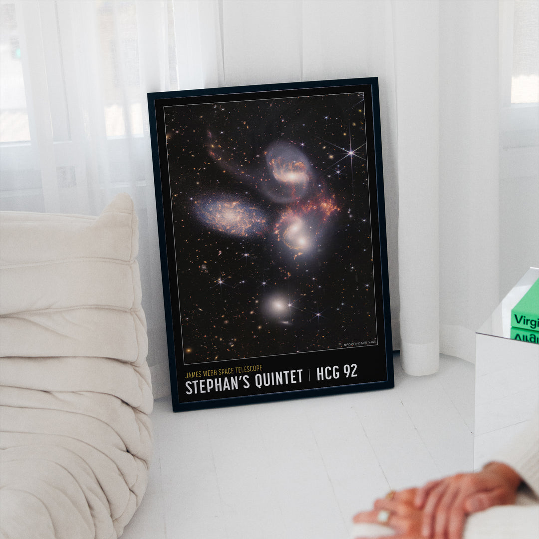 James Webb Telescope Stephan's Quintet wall art print with glowing nebulae and colliding galaxies in deep navy and gold tones