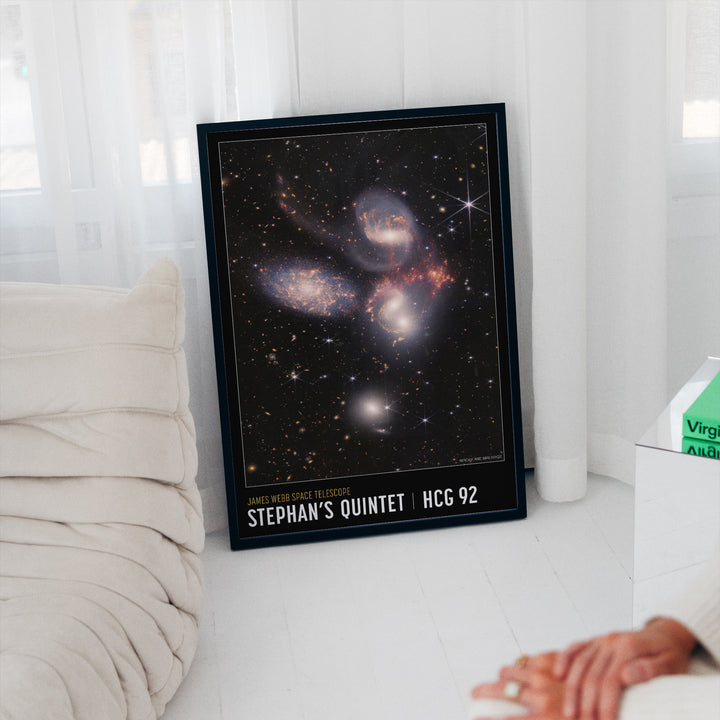 James Webb Telescope Stephan's Quintet wall art print with glowing nebulae and colliding galaxies in deep navy and gold tones