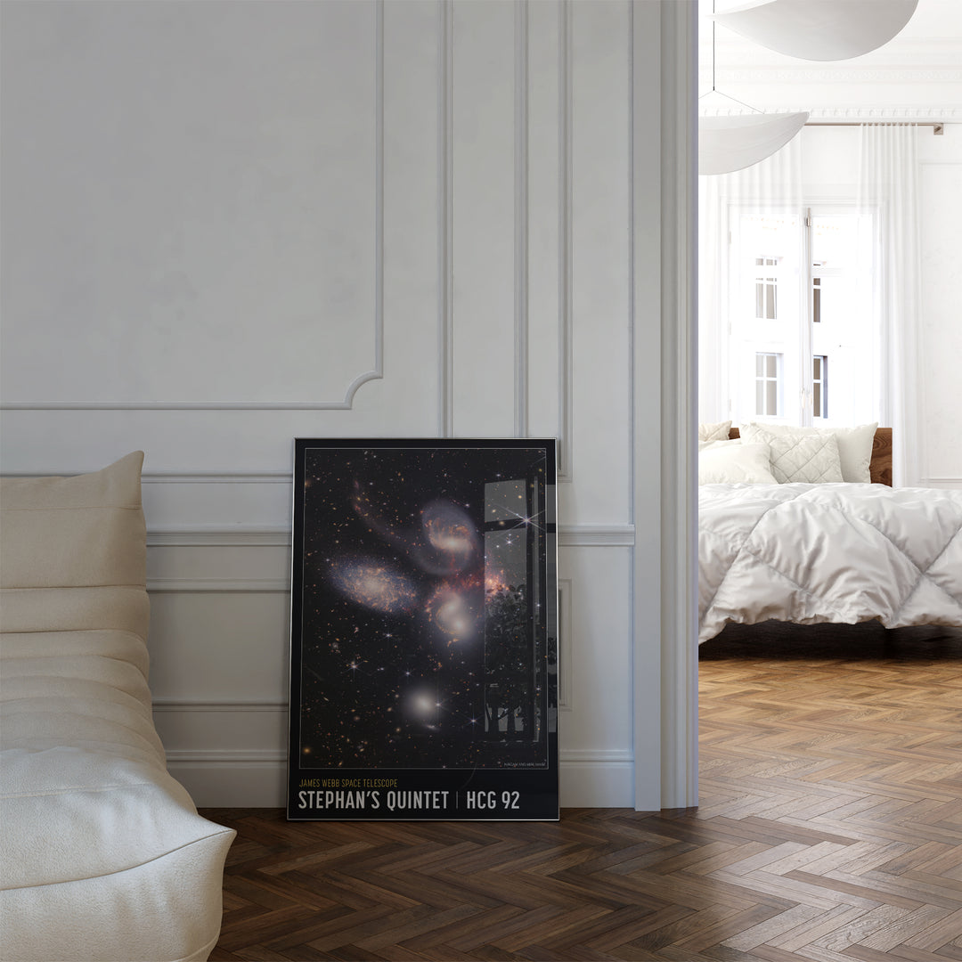 Stephan's Quintet JWST poster showing HCG 92 galaxy cluster with star-forming regions and intergalactic shock waves