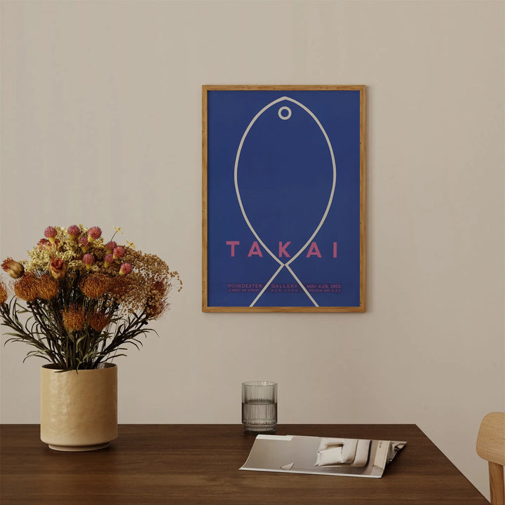 Takai Poindexter Gallery Exhibition Poster minimalist blue and pink framed poster with abstract fish line art wall art