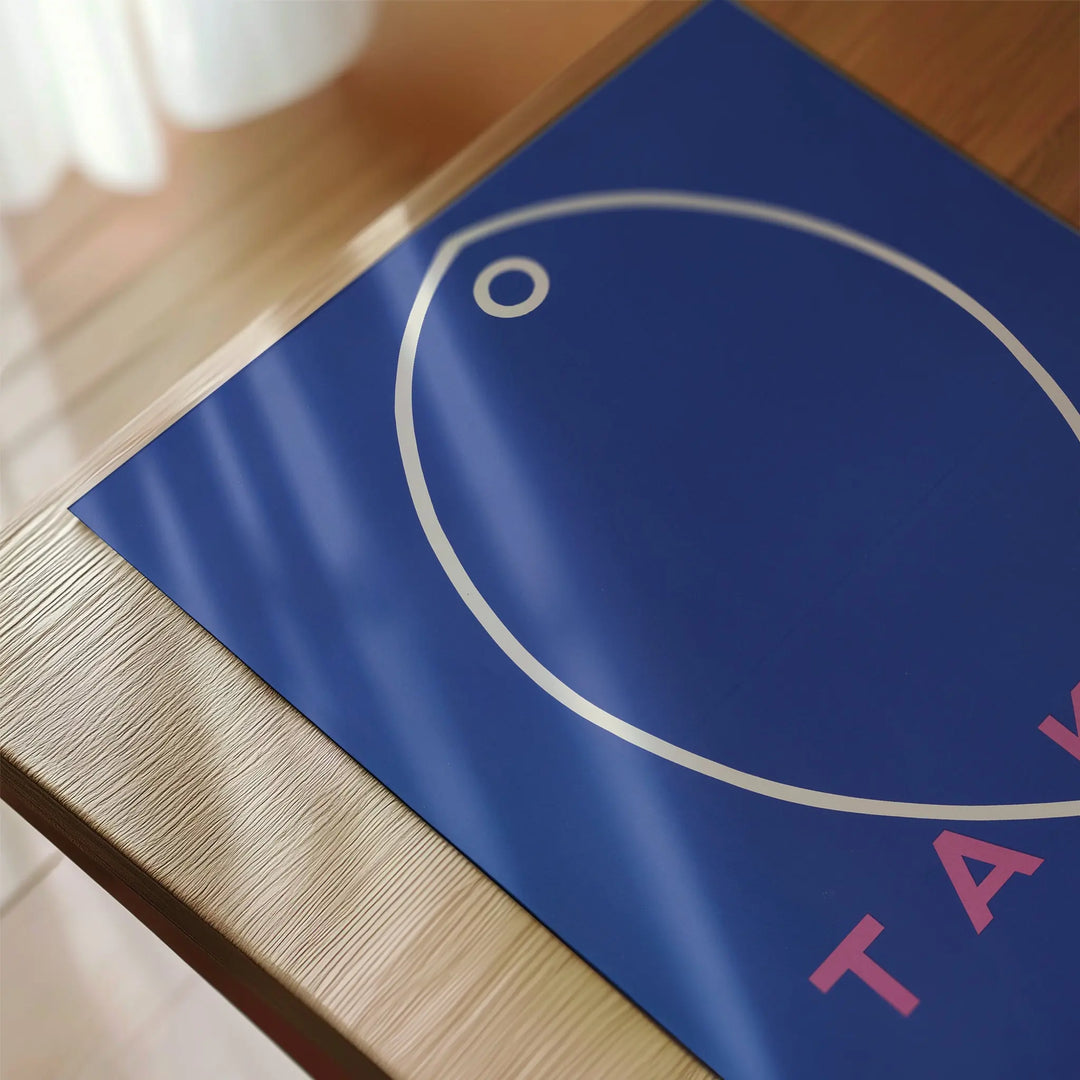 Takai Poindexter Gallery Exhibition Poster with minimalist fish outline design in blue and pink colors wall art