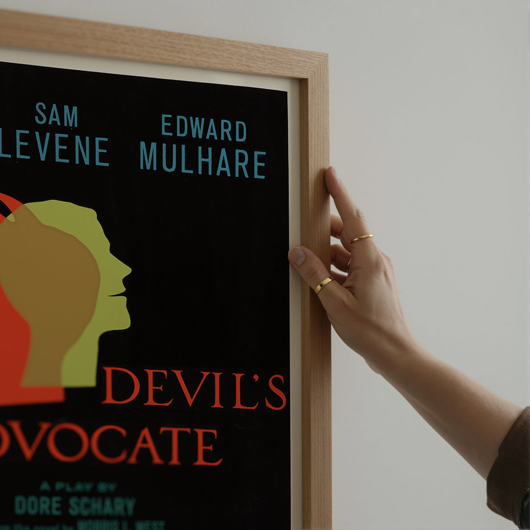 The Devil's Advocate Vintage Playbill Poster with minimalist silhouettes in green and red on black, vintage theatre poster wall art.