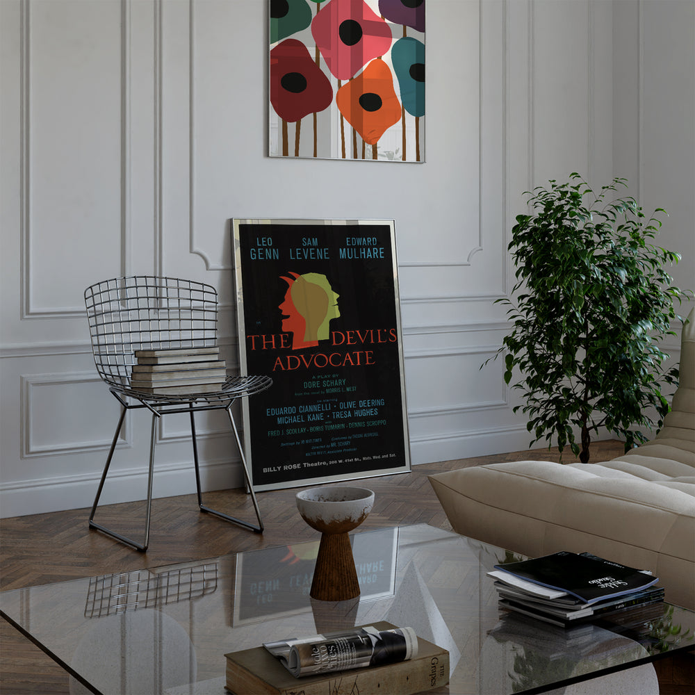 The Devil's Advocate Vintage Playbill Poster with a vintage theatrical design in black, red, and yellow tones framed poster.