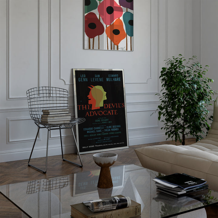 The Devil's Advocate Vintage Playbill Poster with a vintage theatrical design in black, red, and yellow tones framed poster.