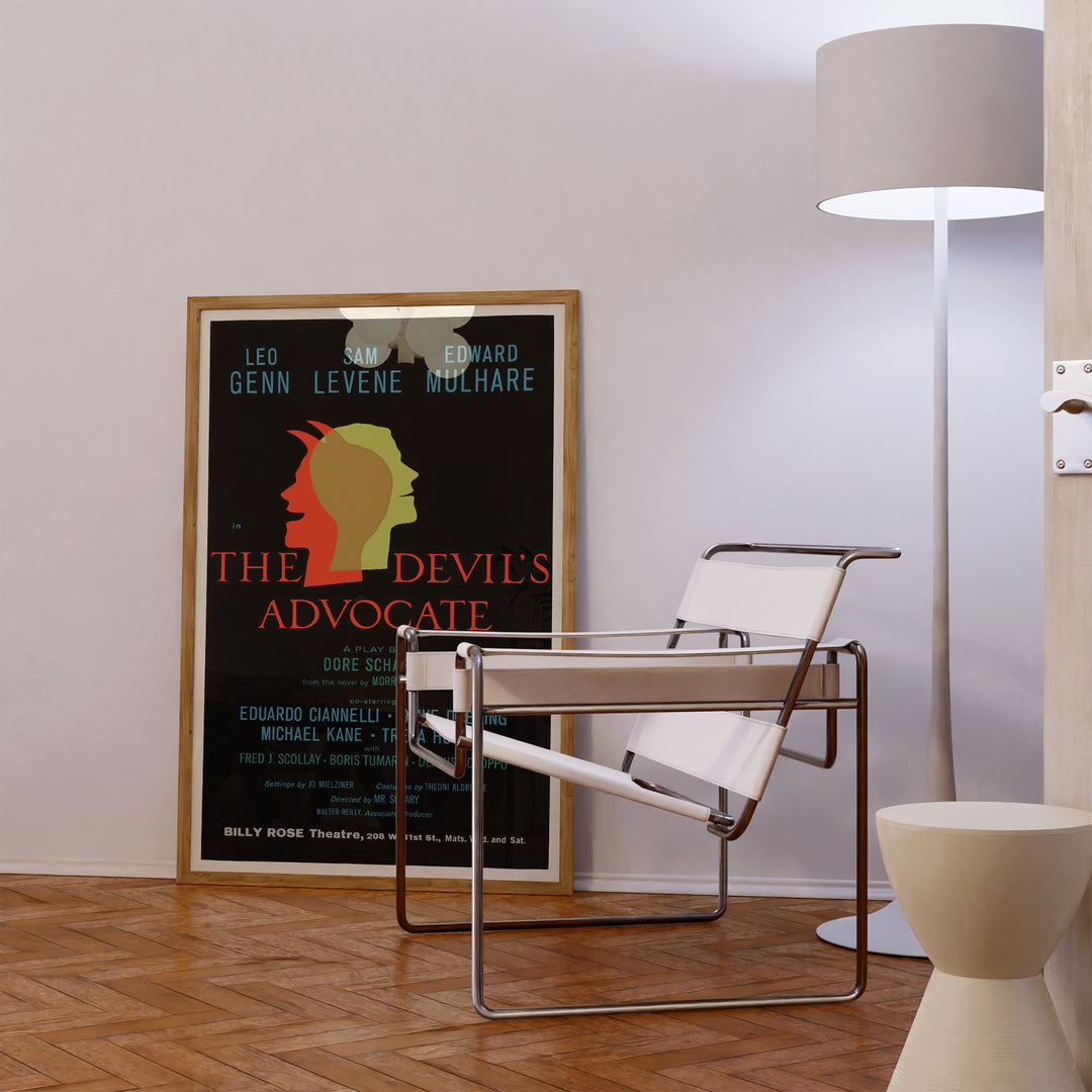 The Devil's Advocate Vintage Playbill Poster with stylized dual profile silhouettes in red and yellow on black background, vintage art print.