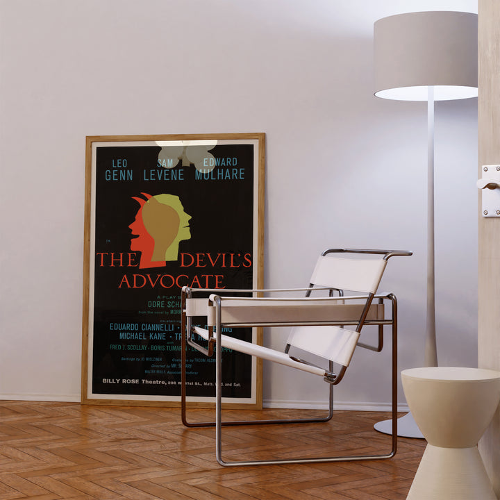 The Devil's Advocate Vintage Playbill Poster with stylized dual profile silhouettes in red and yellow on black background, vintage art print.