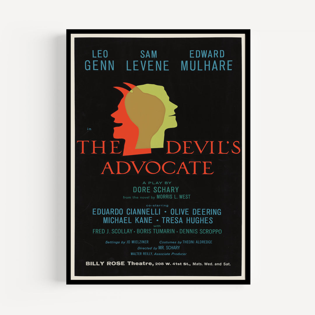 The Devil's Advocate Vintage Playbill Poster vintage art print with red, green, and blue stylized heads on black background