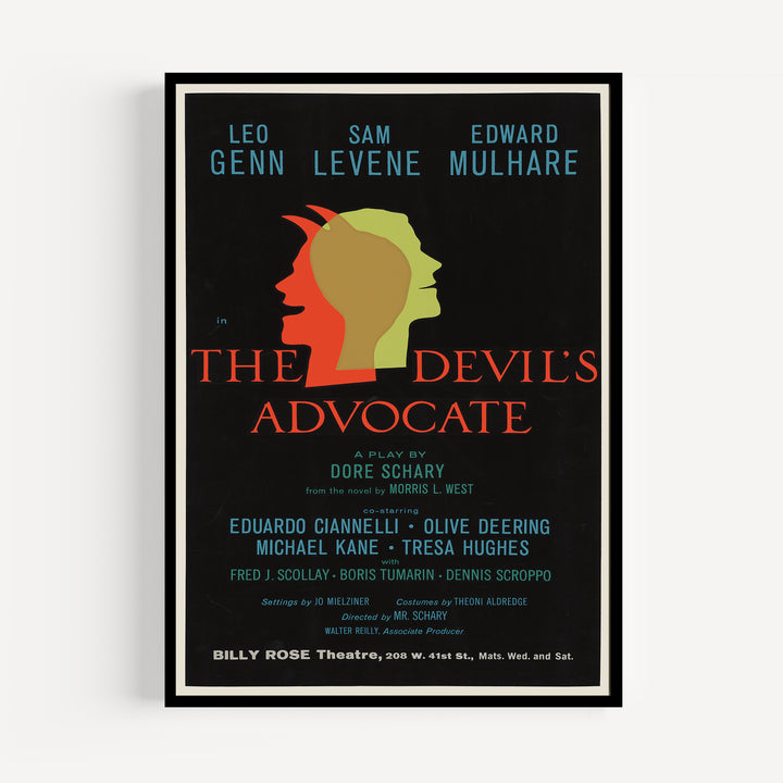 The Devil's Advocate Vintage Playbill Poster vintage art print with red, green, and blue stylized heads on black background
