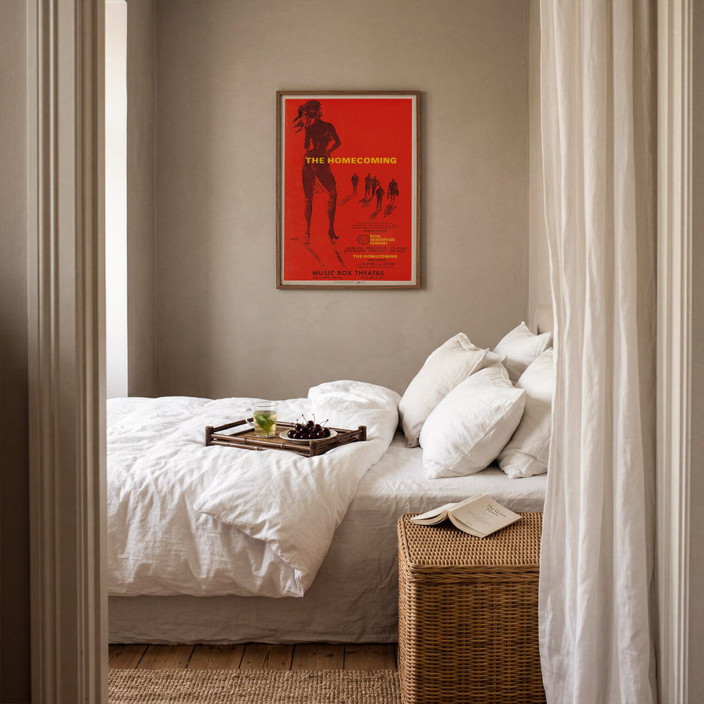 The Homecoming Poster vintage style framed poster with red and black silhouette artwork and yellow text wall art