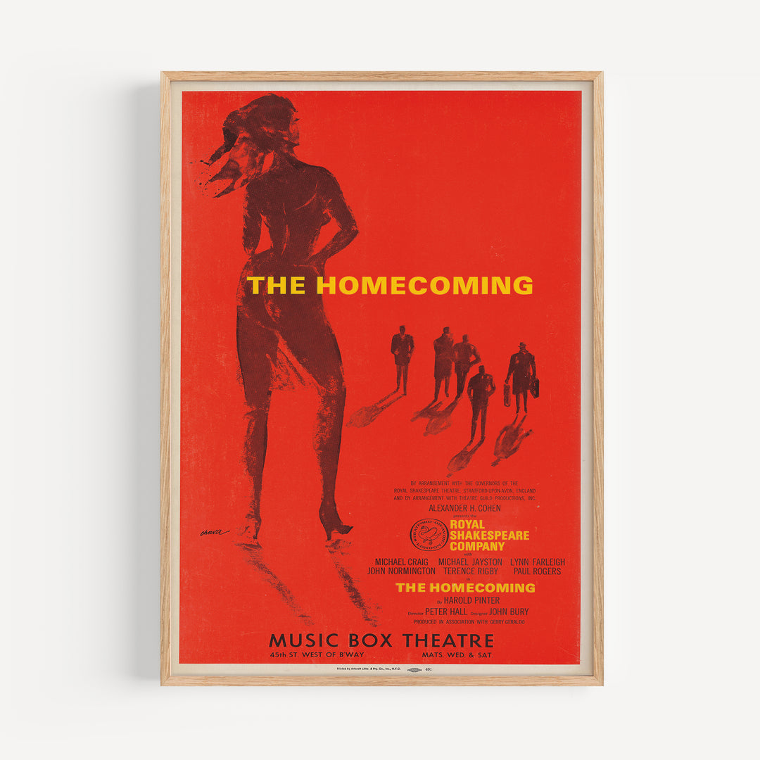 The Homecoming Poster featuring minimalist red and black figures with bold yellow text, modern art print wall art