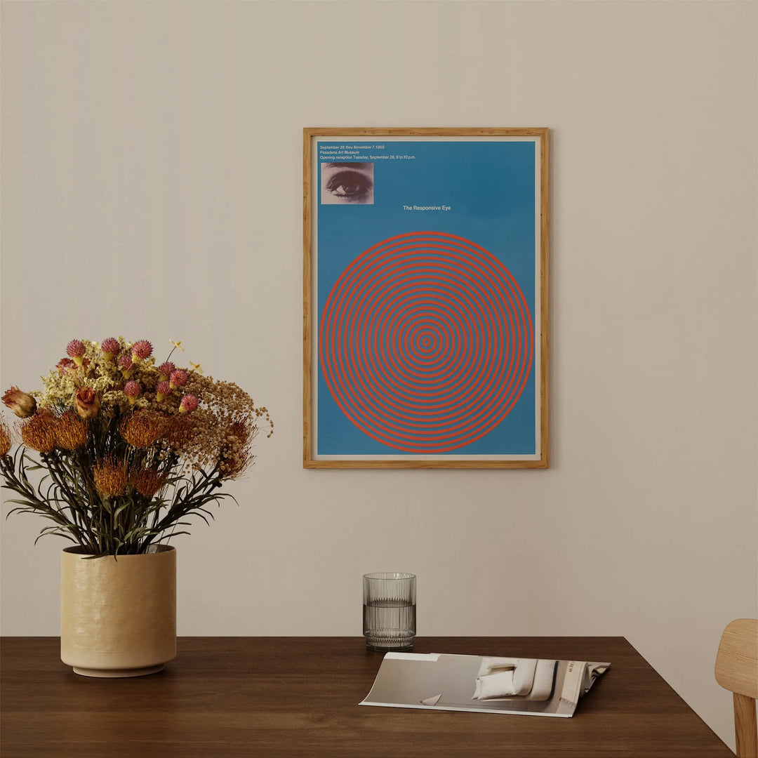 The Responsive Eye Pasadena Art Museum Poster featuring minimalist abstract orange concentric circles on a blue background framed wall art