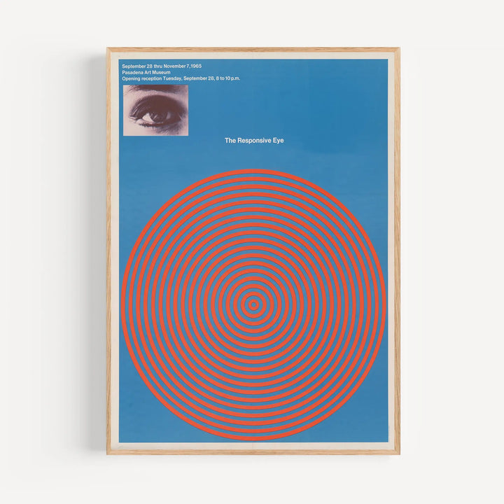 The Responsive Eye Pasadena Art Museum Poster with minimalist blue background, red concentric circles, and a black and white eye detail.