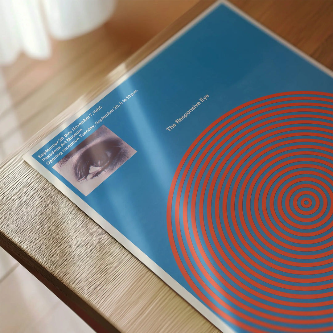 The Responsive Eye Pasadena Art Museum Poster featuring minimalist red concentric circles on blue background with a small eye detail.