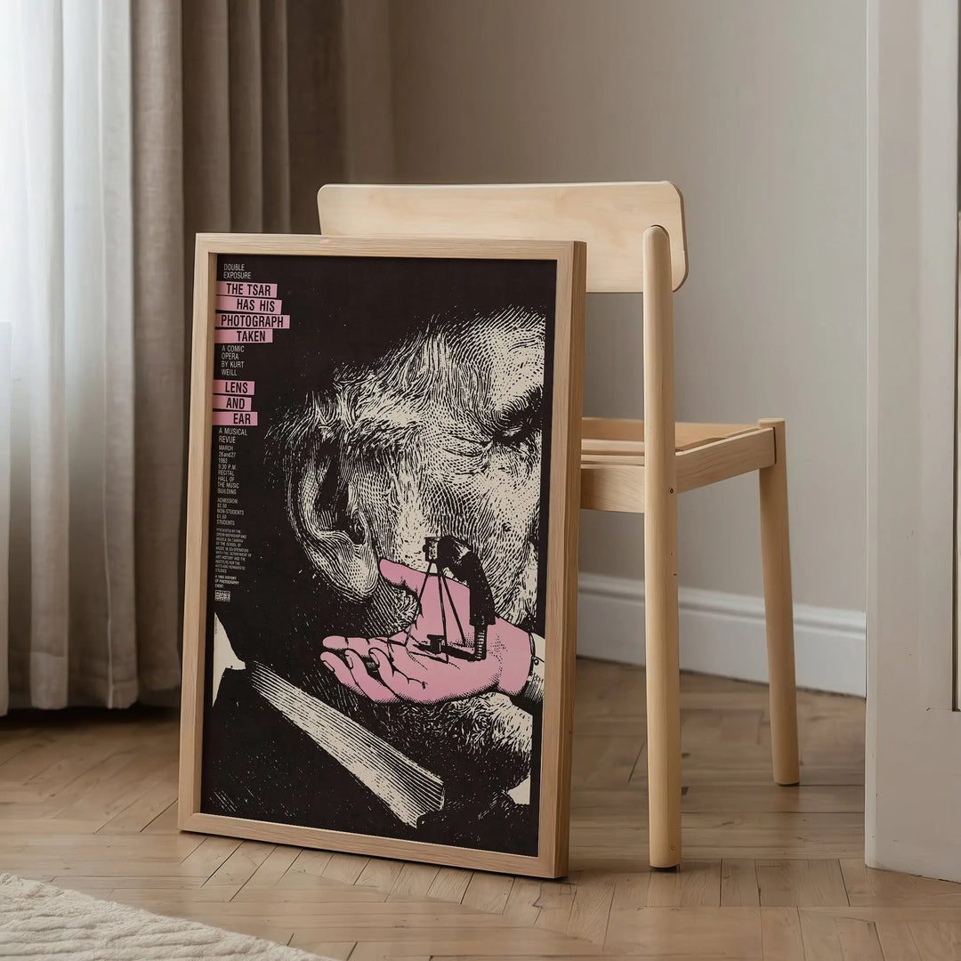 The Tsar Has His Photograph Taken Poster vintage wall art print with black, white, and pink graphic illustration and text