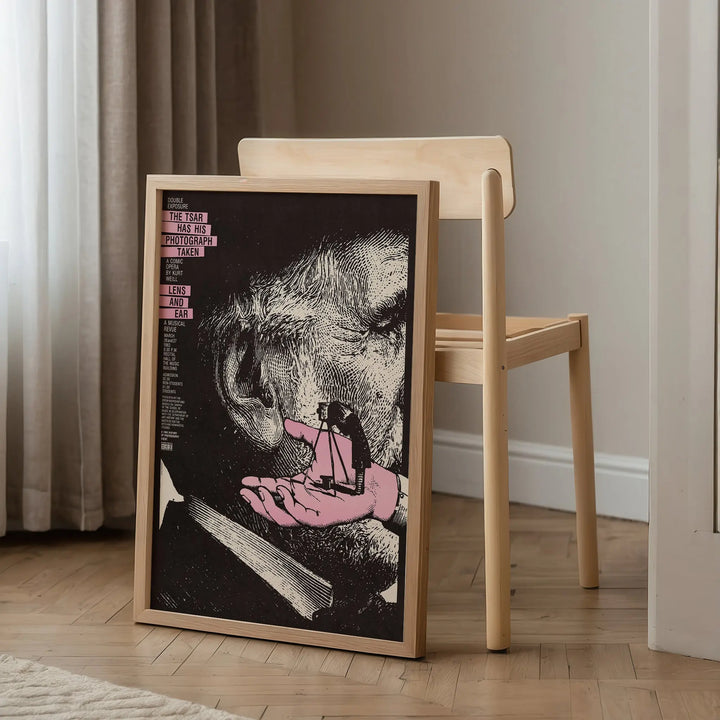 The Tsar Has His Photograph Taken Poster vintage wall art print with black, white, and pink graphic illustration and text