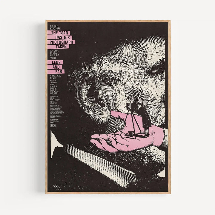 The Tsar Has His Photograph Taken Poster shows a vintage black and pink illustrative art print with surreal elements.