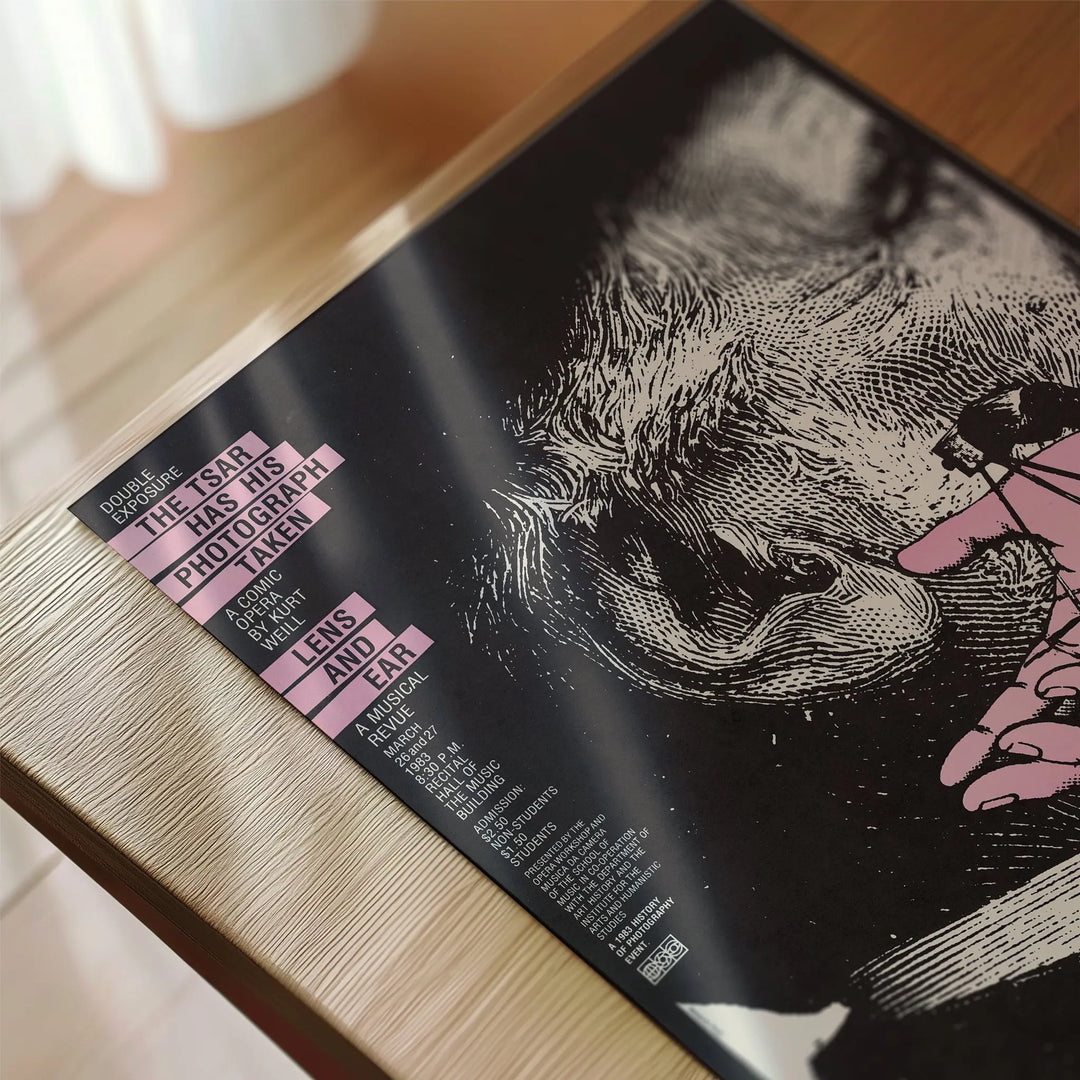The Tsar Has His Photograph Taken Poster, vintage style with black, white, and pink colors, detailed illustrated art print.