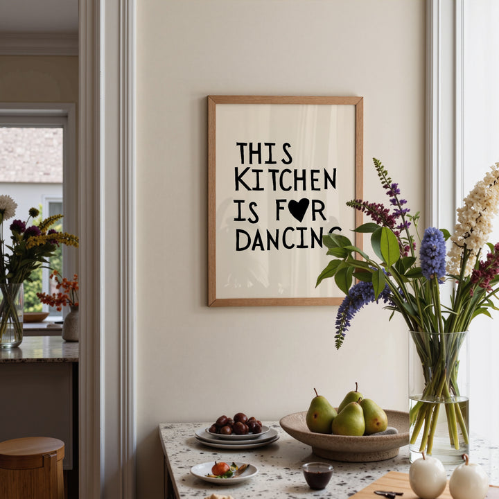 This Kitchen Is for Dancing typographic wall art in white text on black, modern kitchen decor print