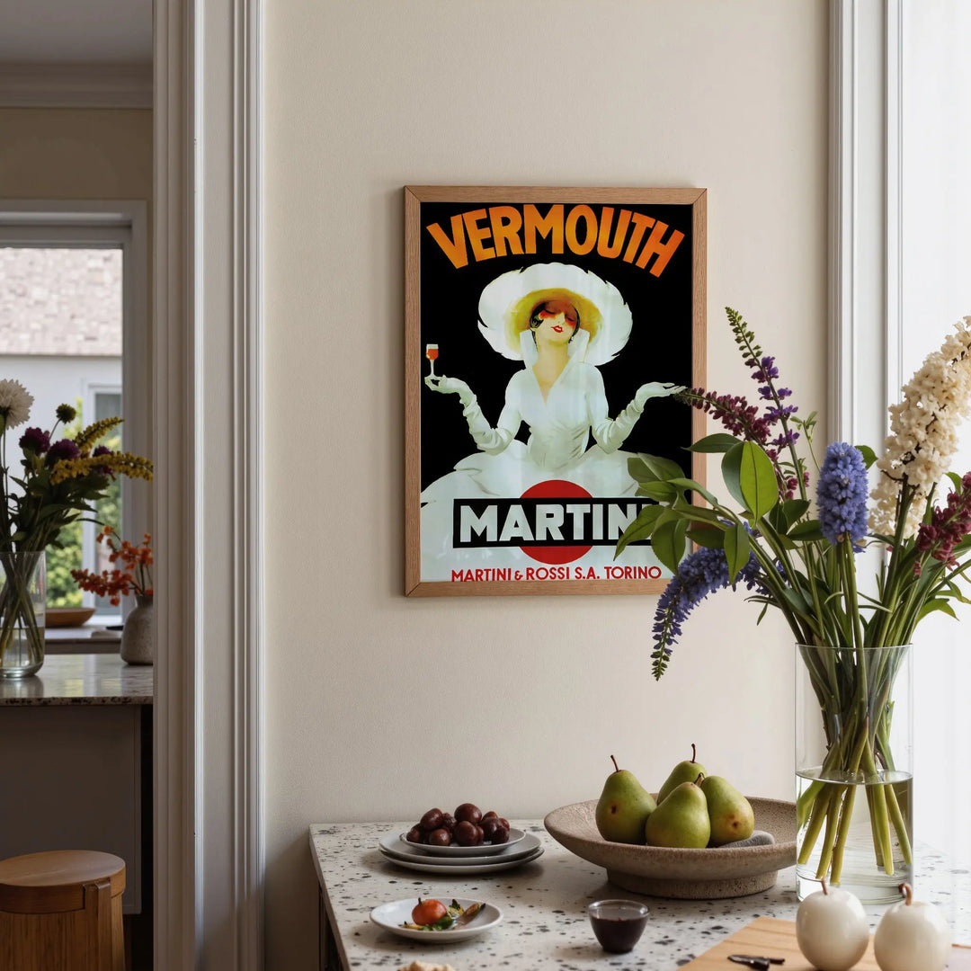Vermouth Martini Vintage Poster depicting a vintage art print with bold orange, white, and black colors in a framed poster design.