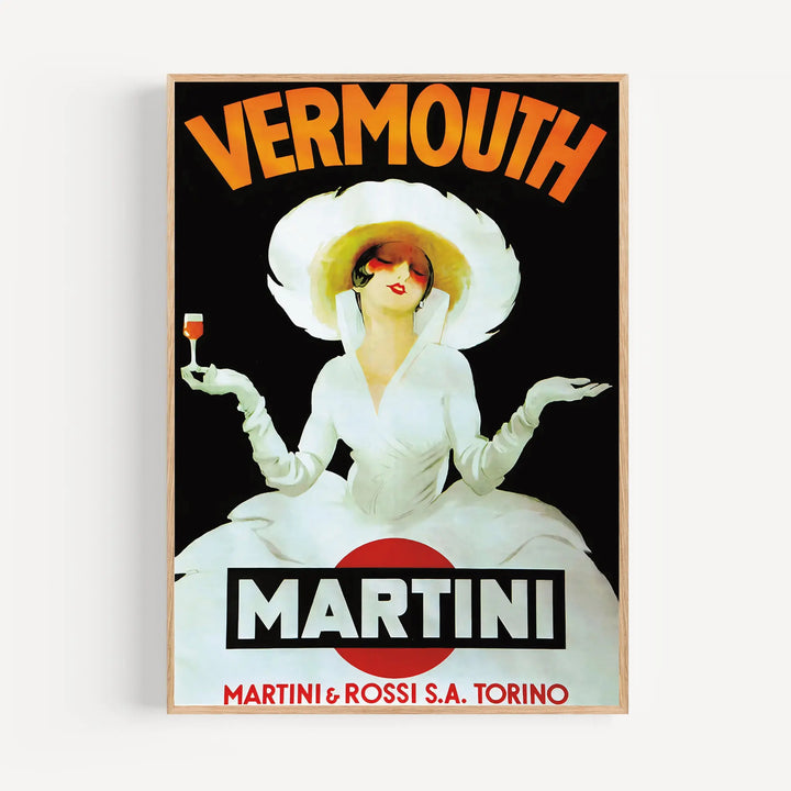 Vermouth Martini Vintage Poster featuring a vintage art print with bold orange, white, and black colors and a stylish woman in white gloves and hat
