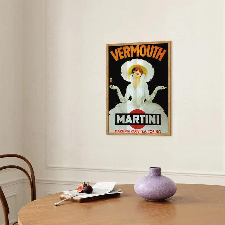 Vermouth Martini Vintage Poster vintage art print with bold orange and black colors featuring a woman in white dress and hat