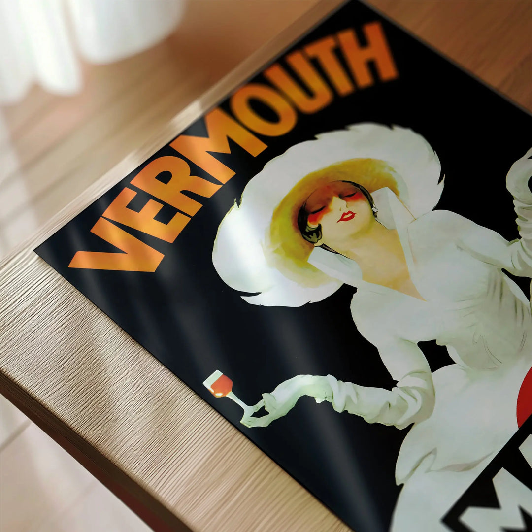 Vermouth Martini Vintage Poster featuring vintage art style with bold orange text and a stylish woman in white and yellow tones.