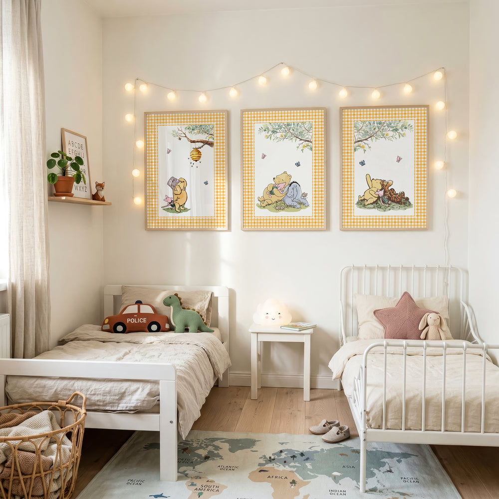 A.A. Milne Winnie-the-Pooh nursery art print featuring classic characters with yellow gingham border and warm pastel palette