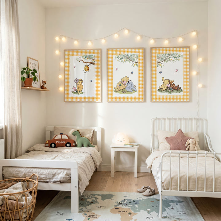A.A. Milne Winnie-the-Pooh nursery art print featuring classic characters with yellow gingham border and warm pastel palette