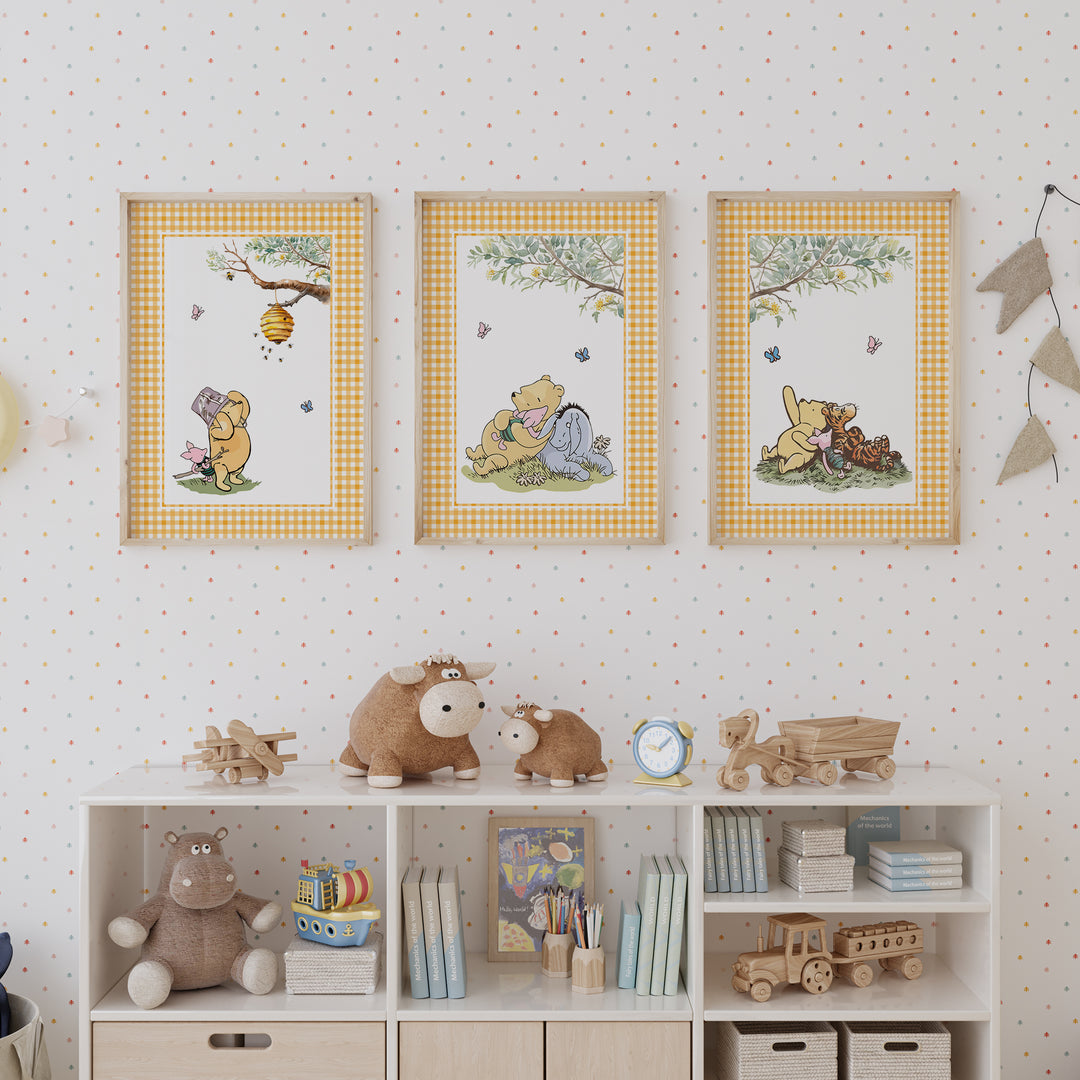 Winnie-the-Pooh poster set in watercolour style with foliage and butterfly details, suited to a child's bedroom or nursery