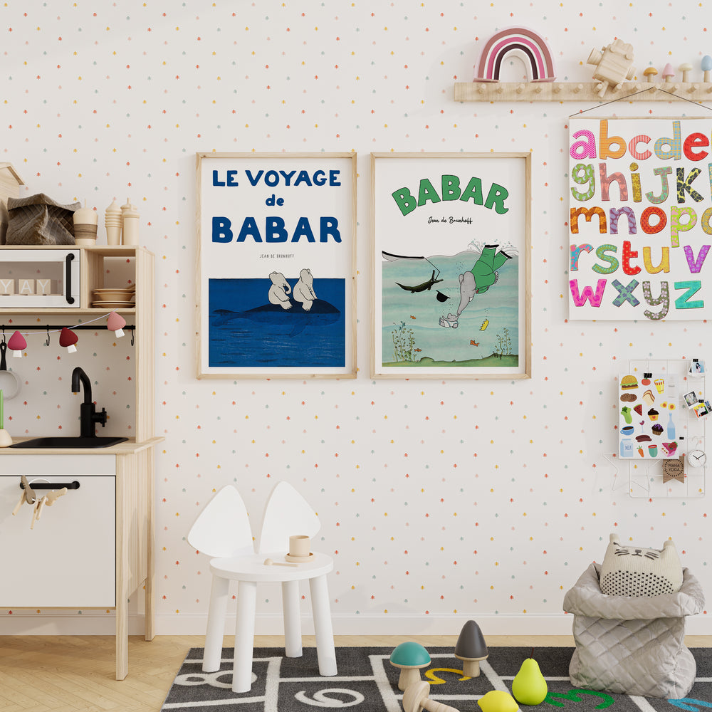 Babar the Elephant Voyage poster by Jean de Brunhoff, storybook illustration print with warm colours and gentle linework