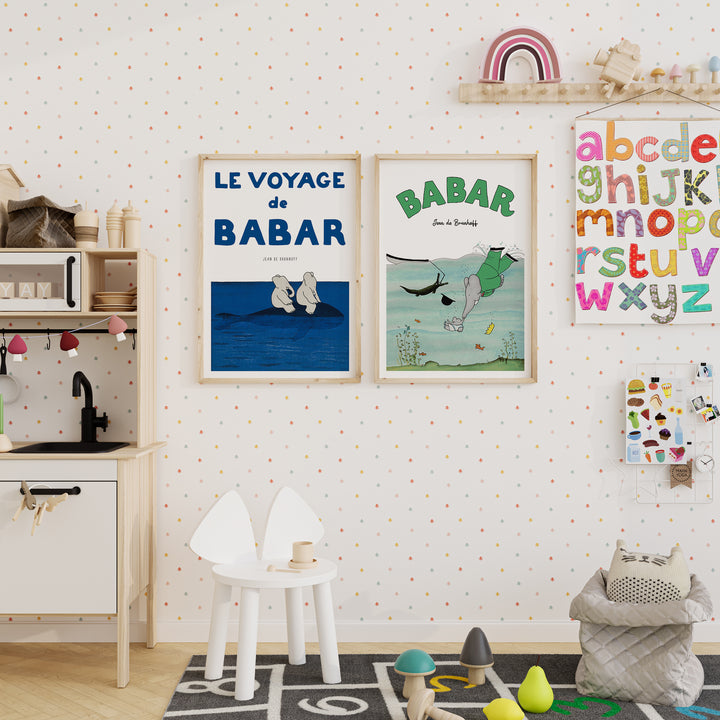 Babar the Elephant Voyage poster by Jean de Brunhoff, storybook illustration print with warm colours and gentle linework