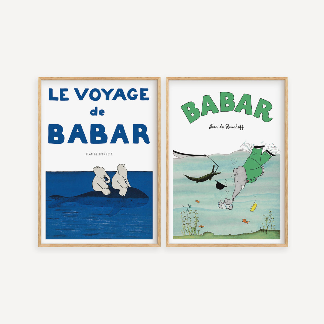 Jean de Brunhoff Babar Voyage and Diving poster set, classic children's illustration art prints for nursery or kids bedroom