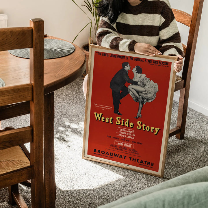 West Side Story Poster featuring vintage Broadway theatre design with red background and black-and-white dancing couple art print framed poster