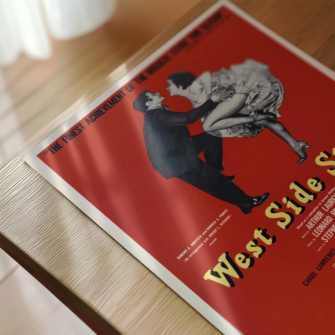 West Side Story Poster vintage style with bold red background and black-and-white dancing couple art print