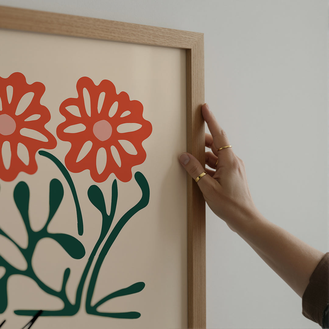 William Morris Centenary Exhibition Poster with vintage botanical art style featuring red flowers and green leaves on a beige background.