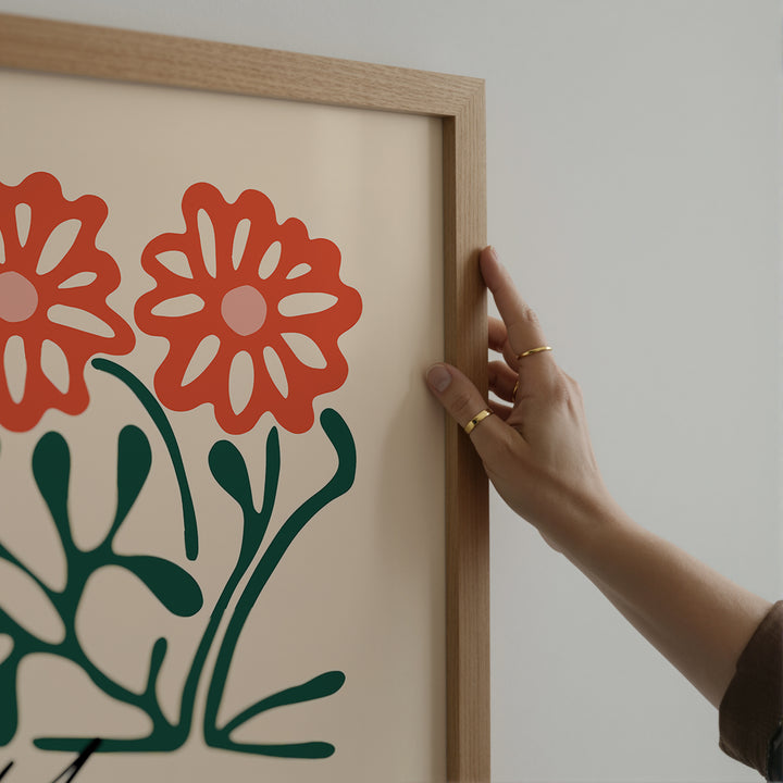 William Morris Centenary Exhibition Poster with vintage botanical art style featuring red flowers and green leaves on a beige background.