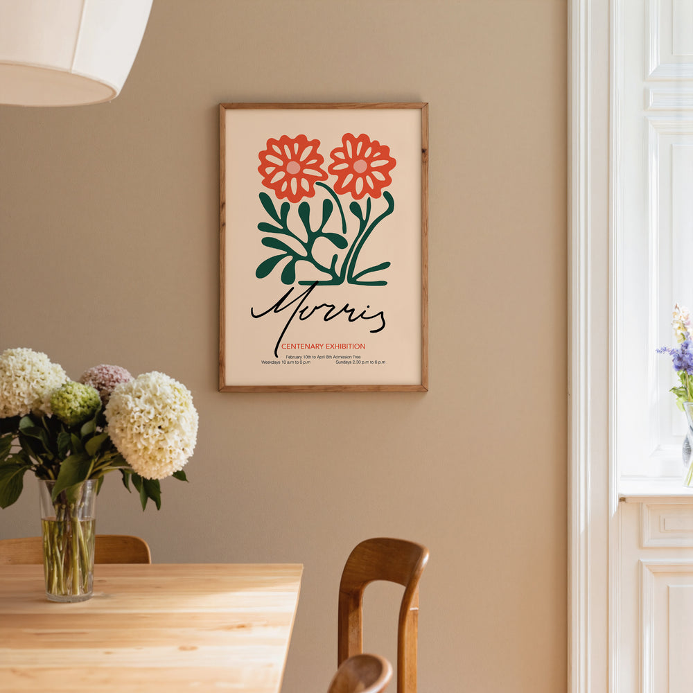 William Morris Centenary Exhibition Poster with vintage style red flowers and green leaves on beige background framed wall art