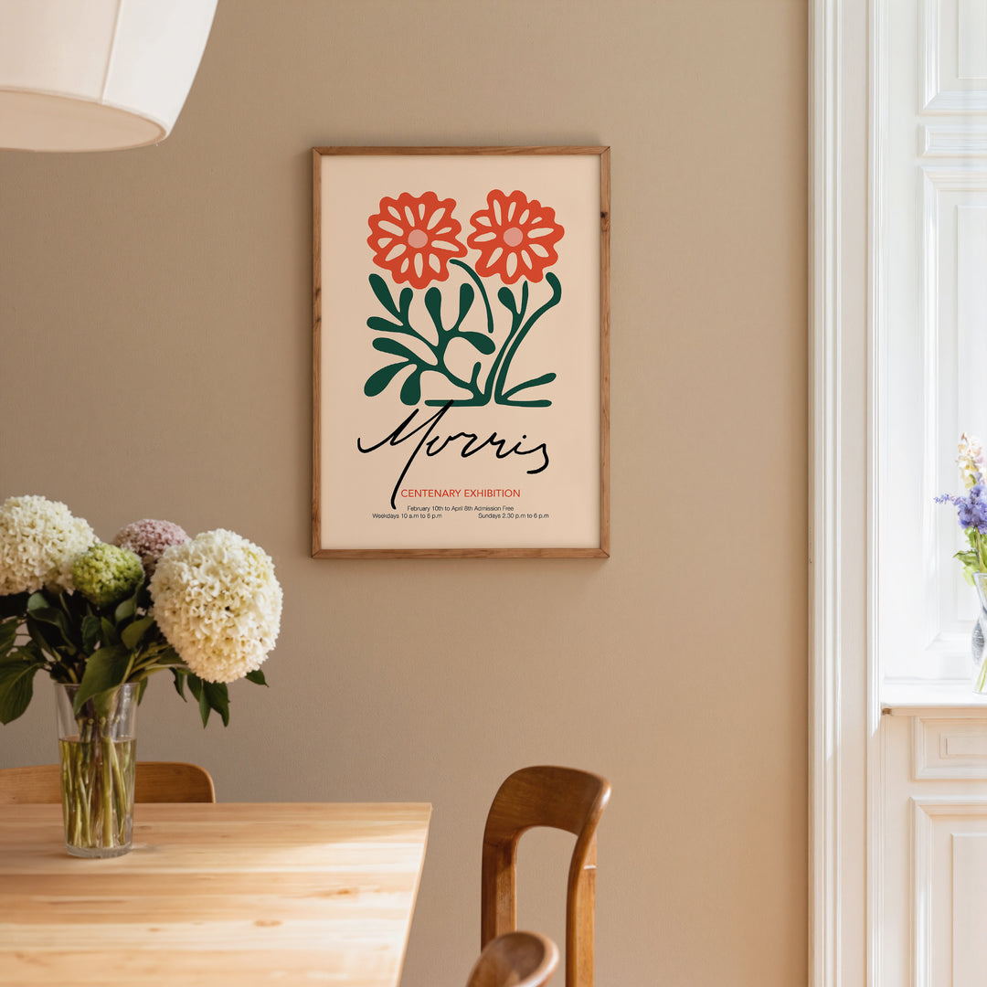 William Morris Centenary Exhibition Poster with vintage style red flowers and green leaves on beige background framed wall art