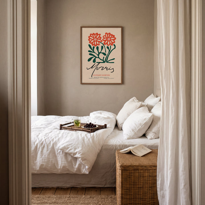 William Morris Centenary Exhibition Poster with vintage floral design in red and green, framed wall art print