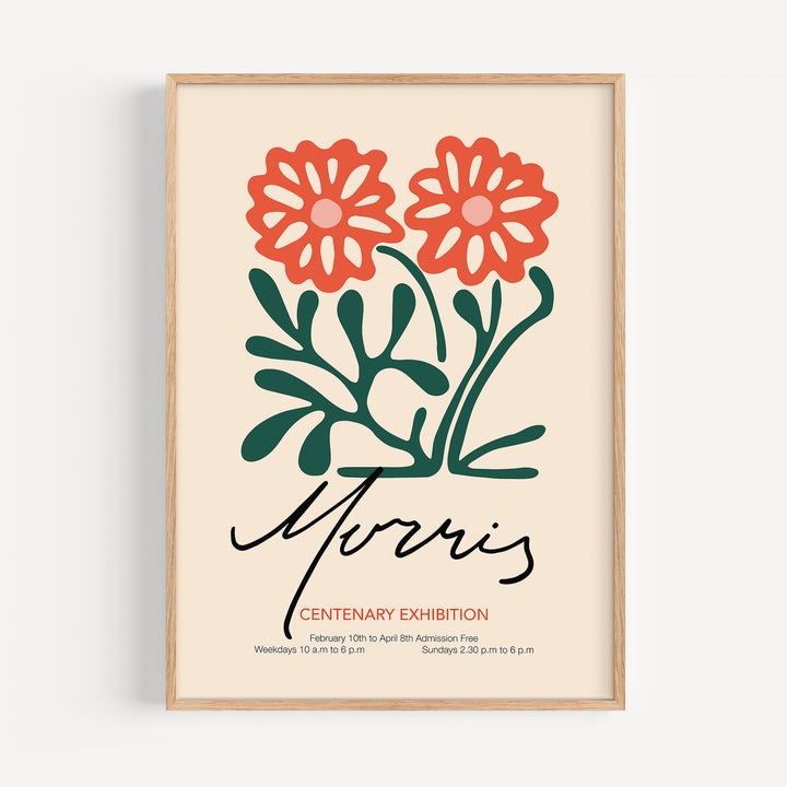 William Morris Centenary Exhibition Poster with minimalist red flowers and green leaves on beige background art print
